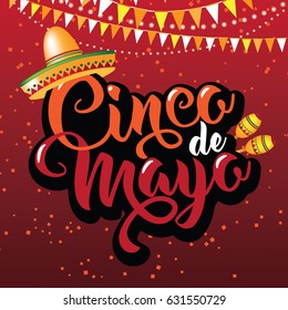 Cinco de Mayo poster design template with lettering, flaming red pepper jalapeno and sombrero - symbols of holiday. EPS 10 vector.