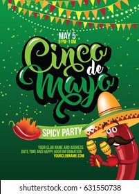 Cinco de Mayo poster design template with lettering, flaming red pepper jalapeno and sombrero - symbols of holiday. EPS 10 vector.