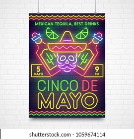 Cinco De Mayo poster, flyer and banner template. Style sign neon. Mexico bar logo, emblem and label. Bright signboard, light banner.  Vector illustration.