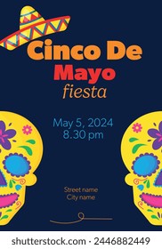 Cinco de Mayo poster or flyer design template with cheerful decorated skull and sombrero - symbols of holiday. Vector illustration.