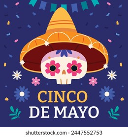 Plantilla de diseño de póster o volante del Cinco de Mayo con calavera decorada alegremente en sombrero y flores.