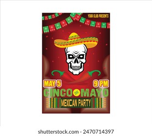 Cinco de Mayo poster or flyer design template with cheerful decorated skull in sombrero and red peppers symbols of holiday. Flat vector modern illustration 