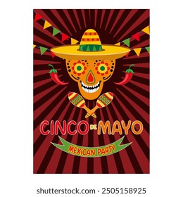 Cinco de Mayo Poster- oder Flyer-Designvorlage mit fröhlich dekoriertem Schädel in Sombrero und rotem Pfeffer. flache, moderne Vektorgrafik 