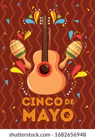 cinco de mayo poster with guitar and decoration vector illustration design