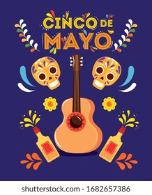 cinco de mayo poster with guitar and decoration vector illustration design