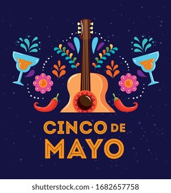 cinco de mayo poster with guitar and decoration vector illustration design