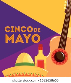 cinco de mayo poster with guitar and decoration vector illustration design