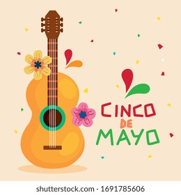 cinco de mayo poster with guitar and decoration vector illustration design