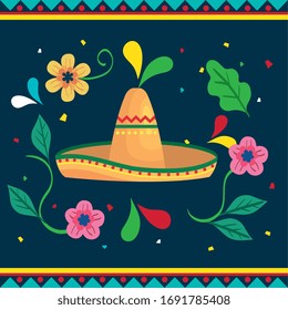 cinco de mayo poster with hat wicker and decoration vector illustration design