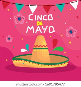 cinco de mayo poster with hat wicker and decoration vector illustration design