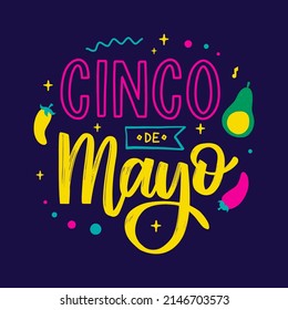 Cinco de mayo. Poster with lettering. May 5, federal holiday in Mexico. Pepper and avocado. Cartoon style. Vector banner