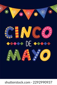 Cinco de mayo poster Mexica traditional holiday festive celebration vector flat illustration. Mexican carnival event entertainment festival fiesta flag black hand drawn bright banner place for text