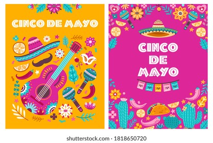 Cinco de mayo poster. Mexican party, mexico latin fiesta decorative invitation. Spanish chili, skulls flowers festival vector cards design