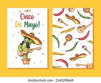 Cinco de mayo poster. Mexican party, mexico latin fiesta decorative invitation. Spanish chili, skulls flowers festival vector cards design