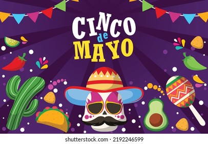 Cinco De Mayo Poster. Mexican Party, Mexico Latin Fiesta Decorative Invitation. Spanish Chili, Skulls Flowers Festival Vector Cards Design