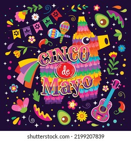 Cinco de mayo poster. Mexican party, mexico latin fiesta decorative invitation. Spanish chili, skulls flowers festival vector cards design