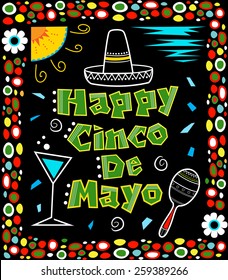 Cinco de Mayo poster - Mexican art style Cinco de Mayo poster made with bold colors includes decorative text and Mexican elements on a black background surrounded by a colorful frame. Eps10