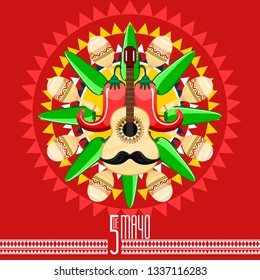 Cinco de mayo poster with a musical instruments and chili peppers. Vector illustration design