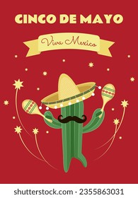 Cinco De Mayo poster. A mustached cactus dances with maracas. Vector