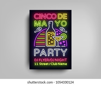 Cinco De Mayo Poster in neon style. Design Template Flyer invitation to celebrate Cinco de Mayo, brochure neon style banner light, typography Mexican Fiesta celebration party. Vector illustration