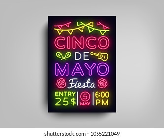 Cinco De Mayo Poster in neon style. Design Template Flyer invitation to celebrate Cinco de Mayo, brochure neon style banner light, typography Mexican Fiesta celebration party. Vector illustration