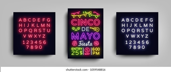 Cinco De Mayo Poster in neon style. Design Template Flyer invitation to celebrate Cinco de Mayo, banner light, typography Mexican Fiesta celebration party. Vector illustration. Editing text neon sign