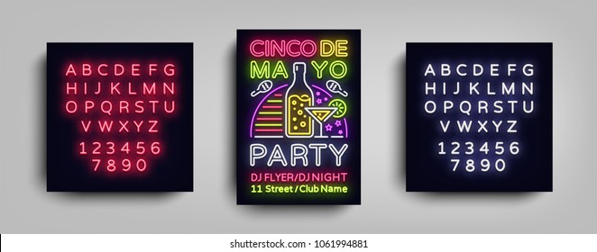 Cinco De Mayo Poster in neon style. Design Template Flyer invitation to celebrate Cinco de Mayo, banner light, typography Mexican Fiesta celebration party. Vector illustration. Editing text neon sign