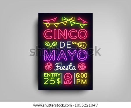 Cinco De Mayo Poster in neon style. Design Template Flyer invitation to celebrate Cinco de Mayo, brochure neon style banner light, typography Mexican Fiesta celebration party. Vector illustration