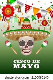 cinco de mayo poster with pinatas pennants and skull with sombrero and maracas