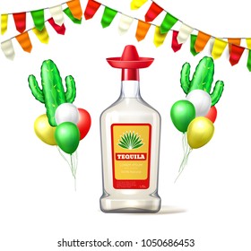 Cinco de mayo poster, realistic tequila glass bottle with sombrero mexican hat. Traditional mexico alcohol drink, bunting cactus balloon. holiday party decoration design. Vector isolated illustration