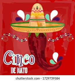 Cinco de mayo poster. Red chili pepper with a traditional mexican hat and red chili pepper - Vector