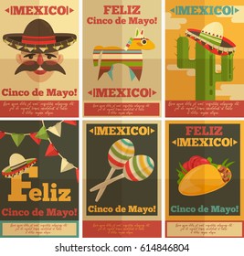 Cinco de Mayo poster in Retro Style. Vector templates with traditional Mexican symbols.