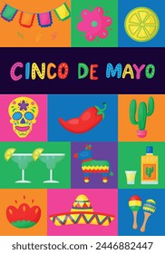 Cinco de mayo poster. Scull, tequila, cactus, pepper maracas sombrero Vector illustration