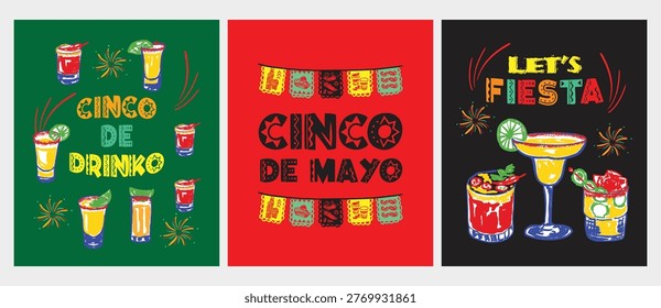 Cinco de Mayo poster set featuring tequila shots and margarita cocktails with lime and salt. Colorful Mexican drinks theme perfect for party invitations, bar menus, promotions and festive celebrations.