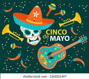 Cinco de Mayo poster with skull in sombrero, with guitar,peppers and pipes. Vector cartoon illustration 