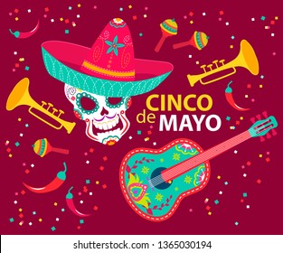 Cinco de Mayo poster with skull in sombrero, with guitar,peppers and pipes. Vector cartoon illustration 