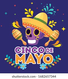 cinco de mayo poster with skull and icons decoration vector illustration design