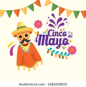 cinco de mayo poster with skull and icons decoration vector illustration design