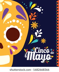 cinco de mayo poster with skull and decoration vector illustration design