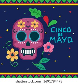 cinco de mayo poster with skull and decoration vector illustration design