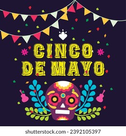 Afiche de Cinco de Mayo con ilustración del vector del cráneo