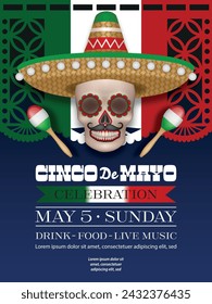 cinco de mayo poster with skull with sombrero and maracas