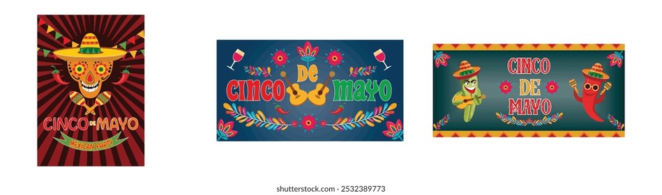 Cinco de Mayo poster with skull. Cinco de Mayo May 5, federal holiday in Mexico. Cinco de Mayo banner with cheerful mustache cactus shaking maracas. Set flat vector modern illustrations