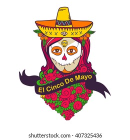 Cinco De Mayo poster with skull girl in sombrero, maracas and guitar
