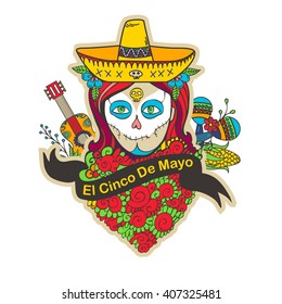 Cinco De Mayo poster with skull girl in sombrero, maracas and guitar