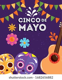 cinco de mayo poster with skulls and guitar vector illustration design