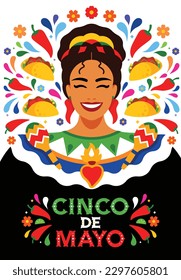 Cinco de Mayo poster. Smiling mexican woman in traditional dress. Tacos, flowers, pepper, maracas, abstract drops on backdrop. Mexican holiday, fiesta concept. Modern illustration and lettering