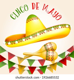 Cartel Cinco de Mayo con sombrero y maracas, vector mexicano