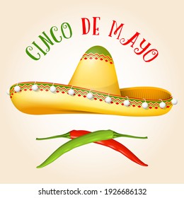 Cinco de Mayo poster with sombrero and hot pepper, mexican celebration