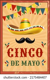 Afiche del Cinco de Mayo. Volante de estilo Sombrero Mexicano con sombrero y mustage retro